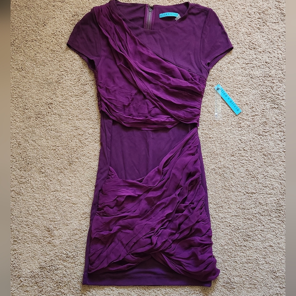 NWT Alice & Olivia drapey ruched chiffon plum purple silk Dress wedding formal S
